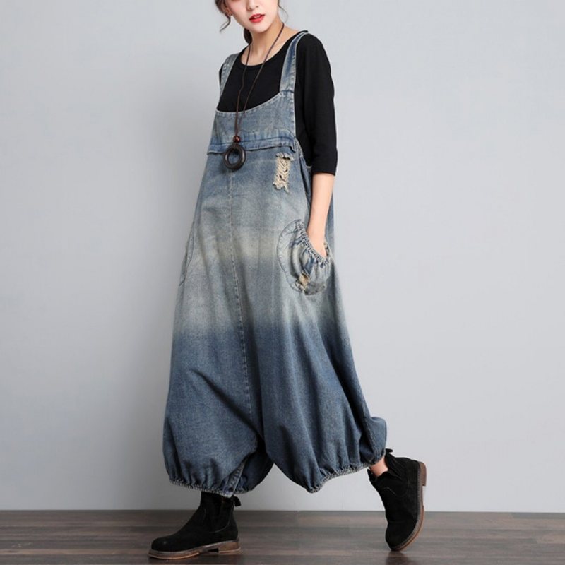 Høst Vintage Denim Jumpsuit I Løs Størrelse