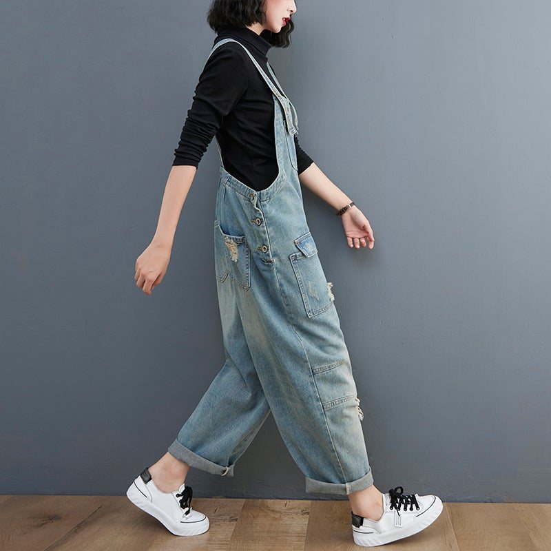 Spring Dame Retro Løs Patchwork Rippet Denim Jumpsuit