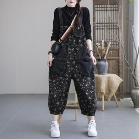 Vår Høst Plus Størrelse Casual Floral Cotton Denim Jumpsuit
