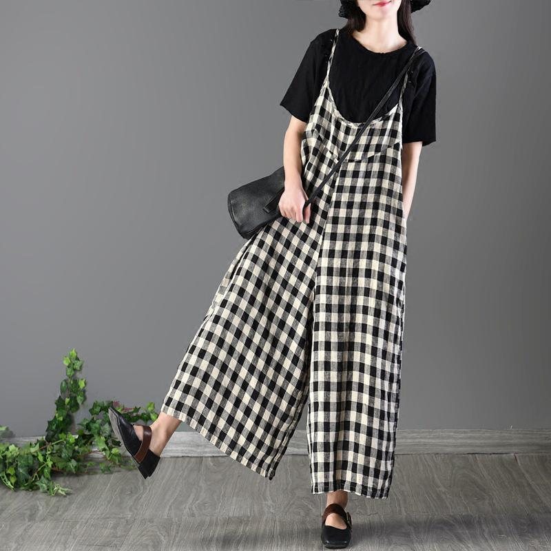 Vintage Svart Hvit Rutete Jumpsuits Med Brede Ben