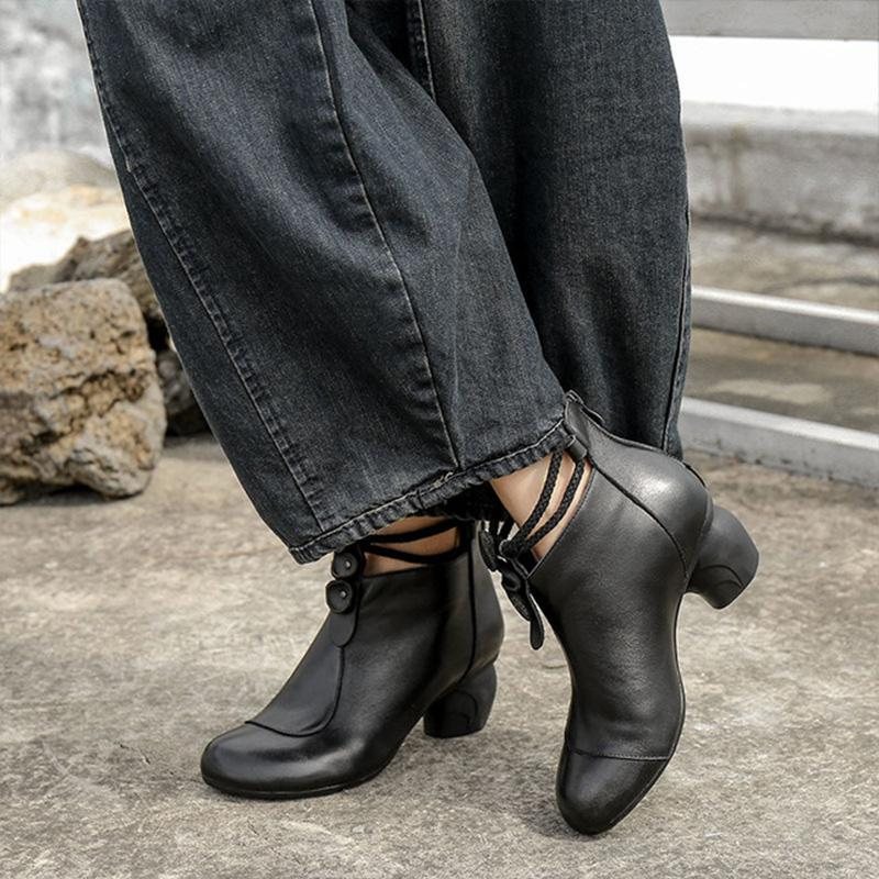 Fjær Retro Leather Rundt Hode Casual Boots