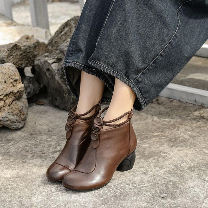 Fjær Retro Leather Rundt Hode Casual Boots
