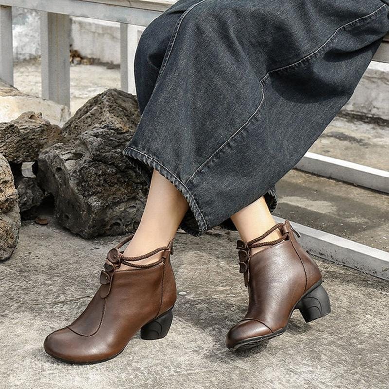 Fjær Retro Leather Rundt Hode Casual Boots