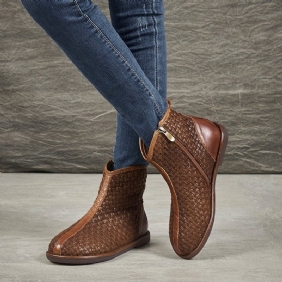 Håndlagde Retro Leather Woven Plysj Vinterstøvler For Kvinner