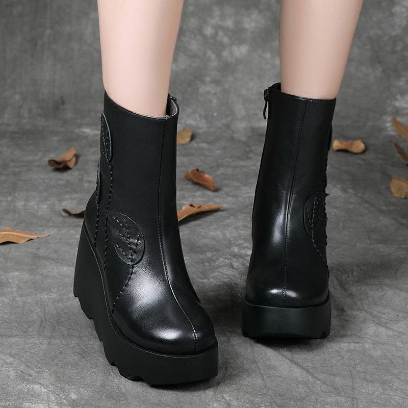 Høst Vinter Retro Leather Wedge Casual Boots