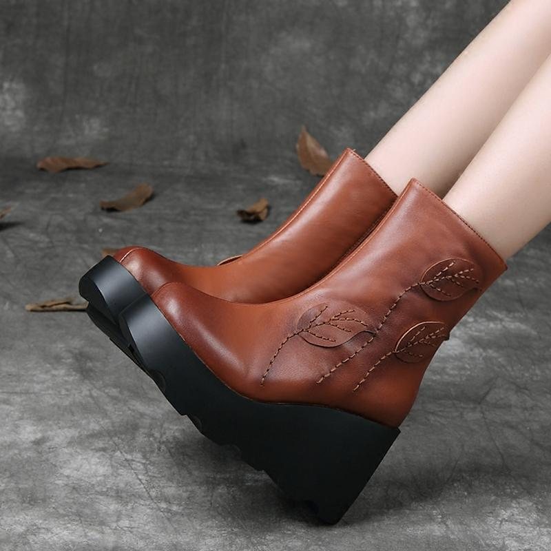 Høst Vinter Retro Leather Wedge Casual Boots