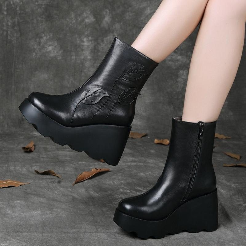 Høst Vinter Retro Leather Wedge Casual Boots