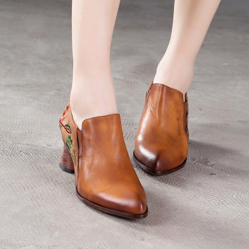 Kvinner Skinnbroderi Chunky Heels Boots