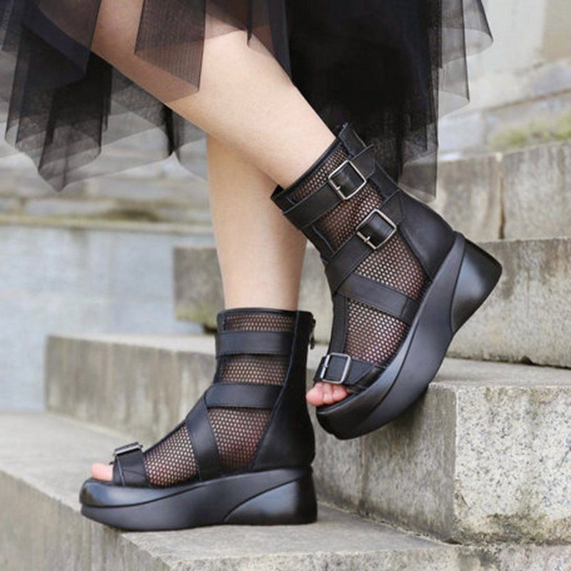 Kvinner Sommer Peep Toe Skinn Mesh Casual Justerbare Spenne Boots