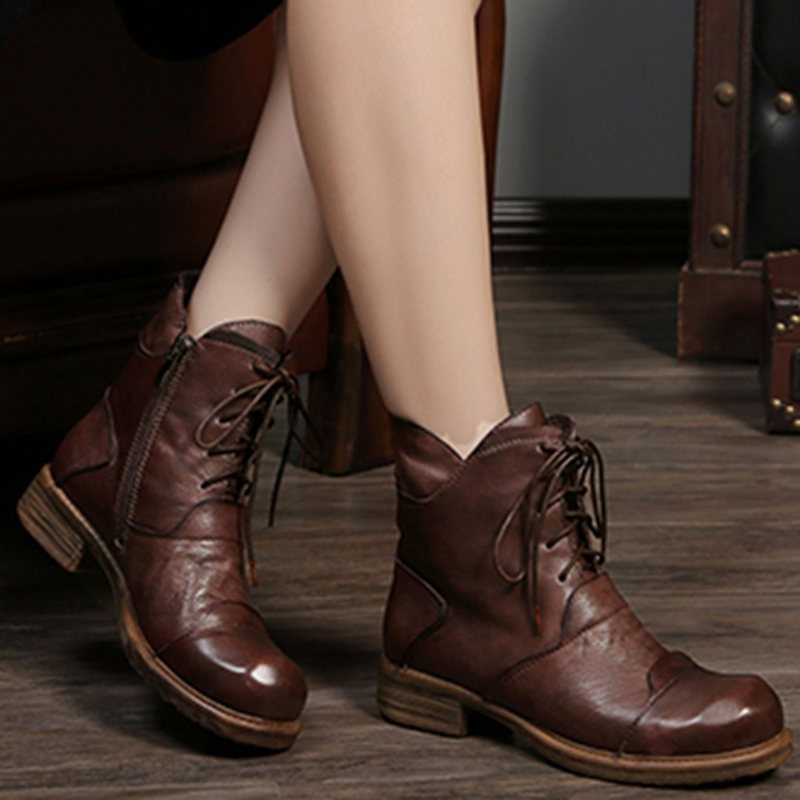 Lace Up Leather Chunky Heels Martin Boots