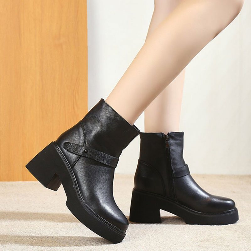 Leather Platform Spenne Høye Hæler Retro Martin Boots