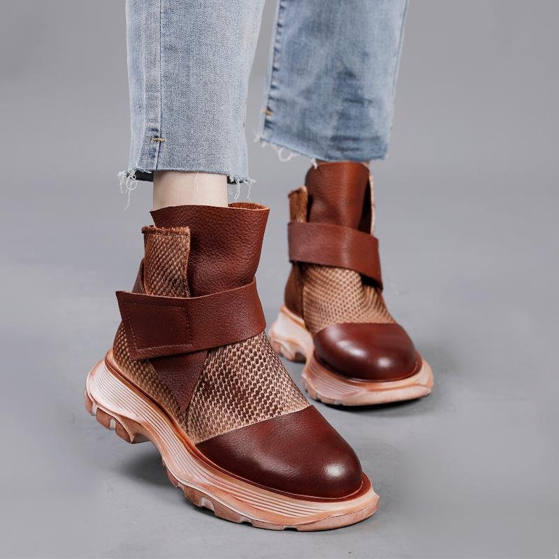 Vinter Vår Retro Leather Mesh Patchwork Casual Boots