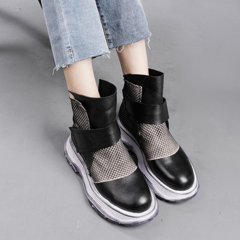 Vinter Vår Retro Leather Mesh Patchwork Casual Boots