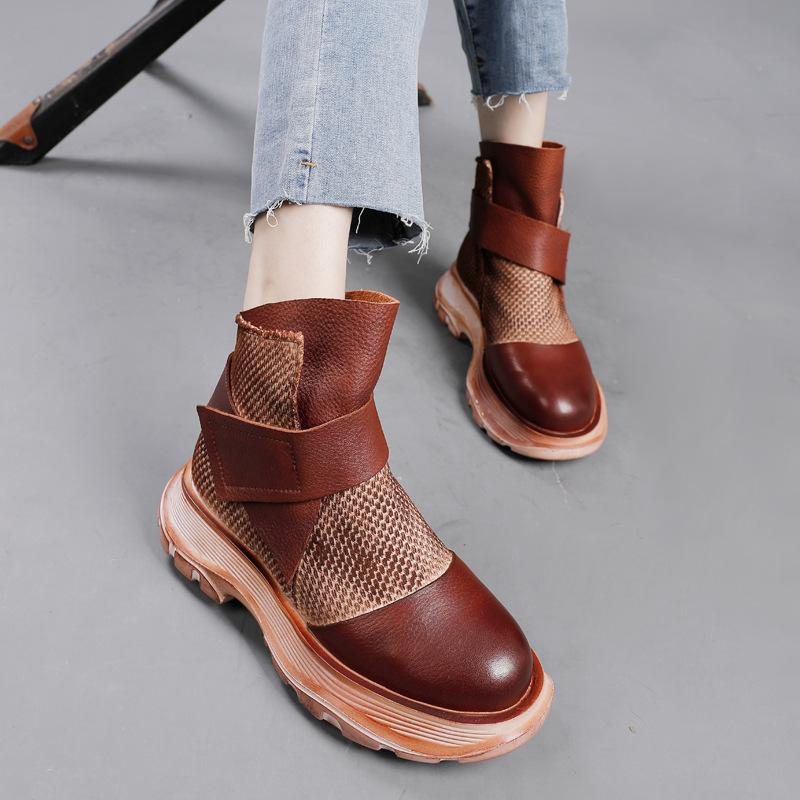 Vinter Vår Retro Leather Mesh Patchwork Casual Boots