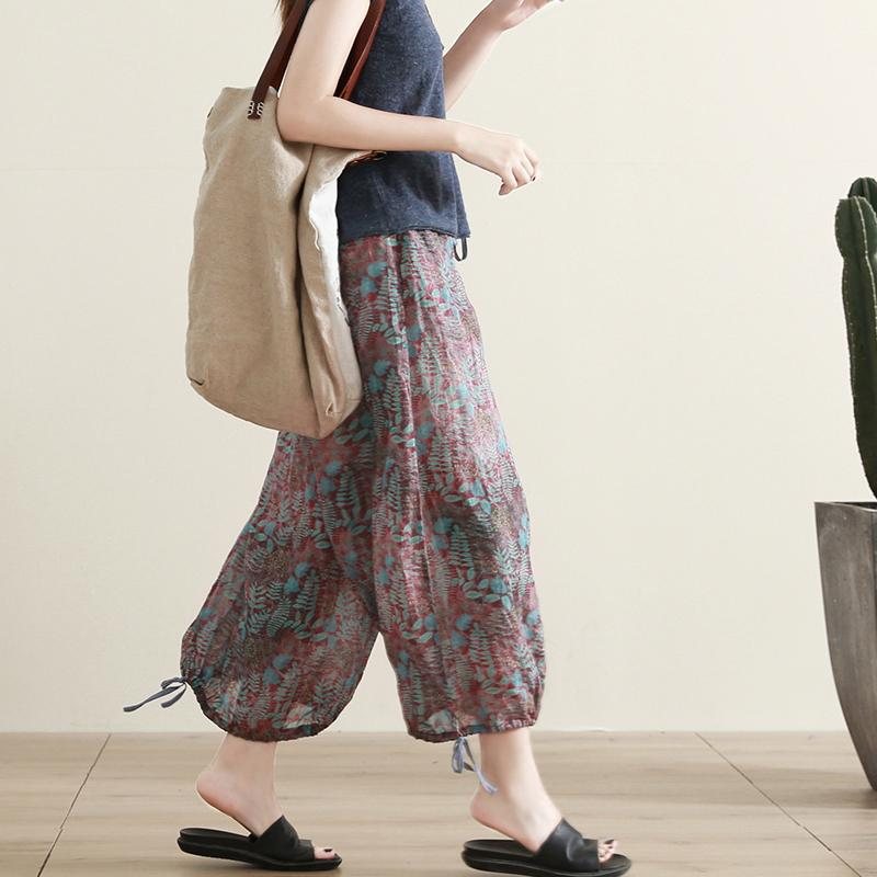 Bomull Lin Løs Printed Cropped Pants