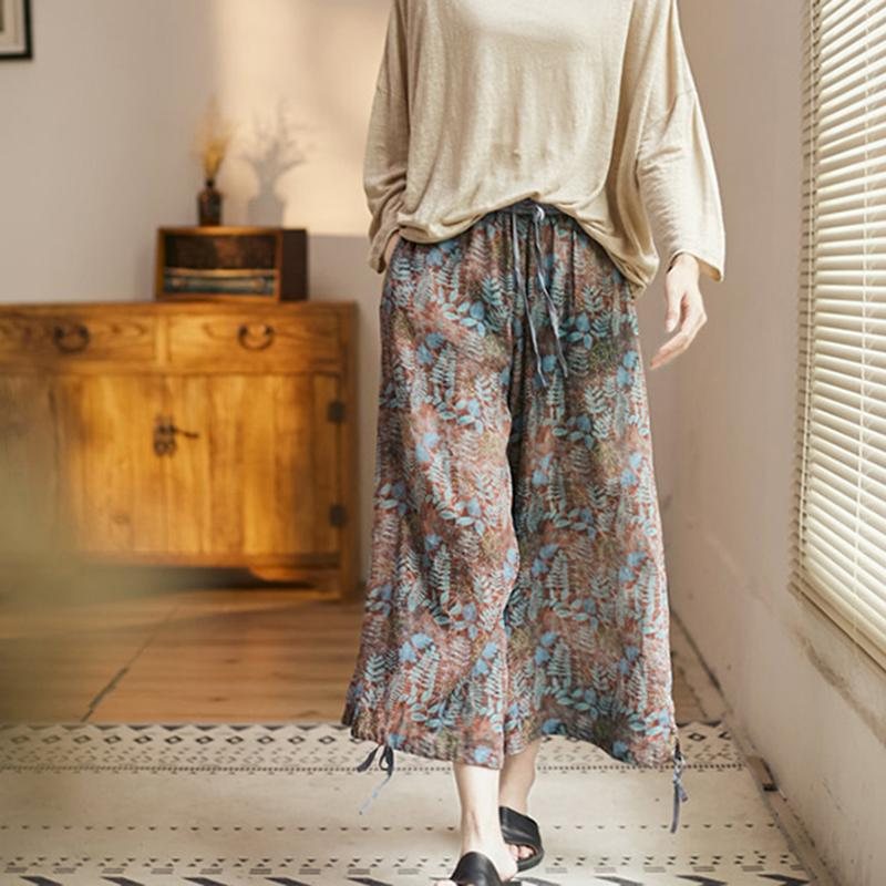 Bomull Lin Løs Printed Cropped Pants