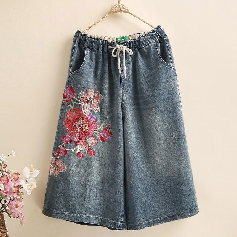 Broderi Blomster Denim Løse Bukser Med Vidde Ben