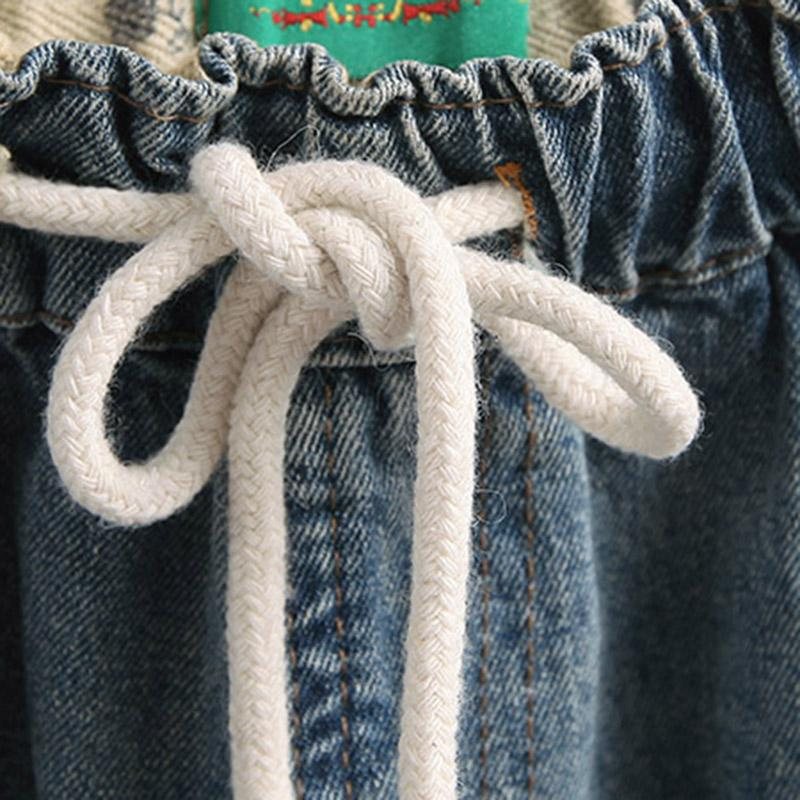 Broderi Blomster Denim Løse Bukser Med Vidde Ben