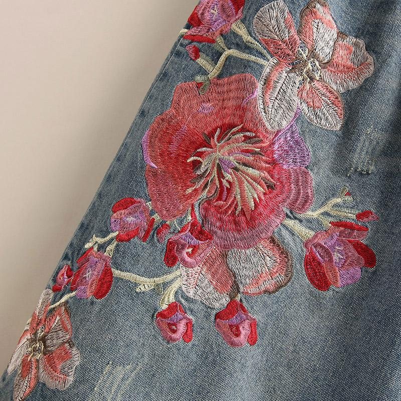 Broderi Blomster Denim Løse Bukser Med Vidde Ben