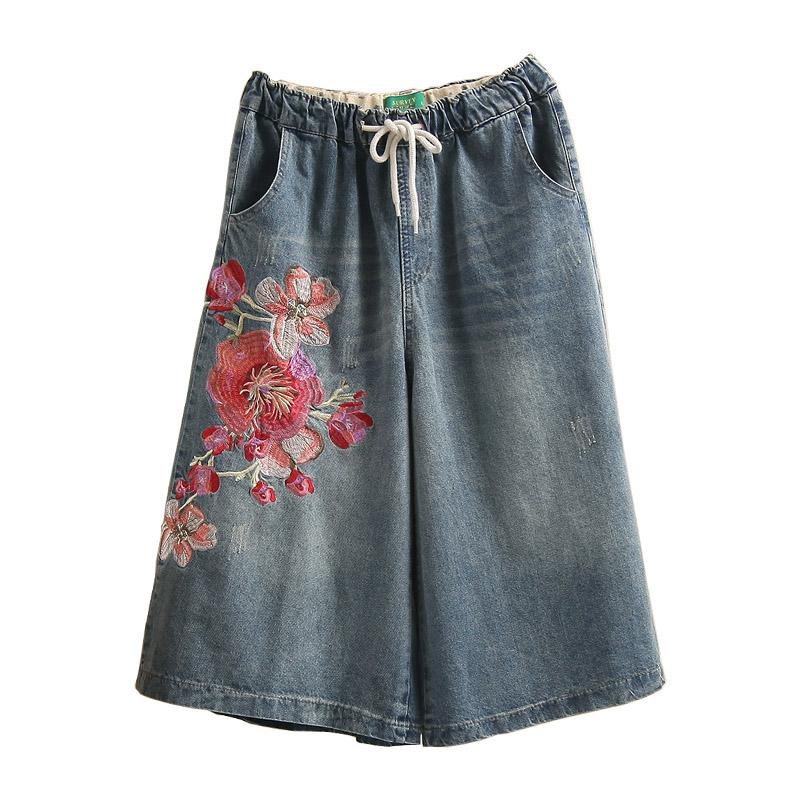 Broderi Blomster Denim Løse Bukser Med Vidde Ben