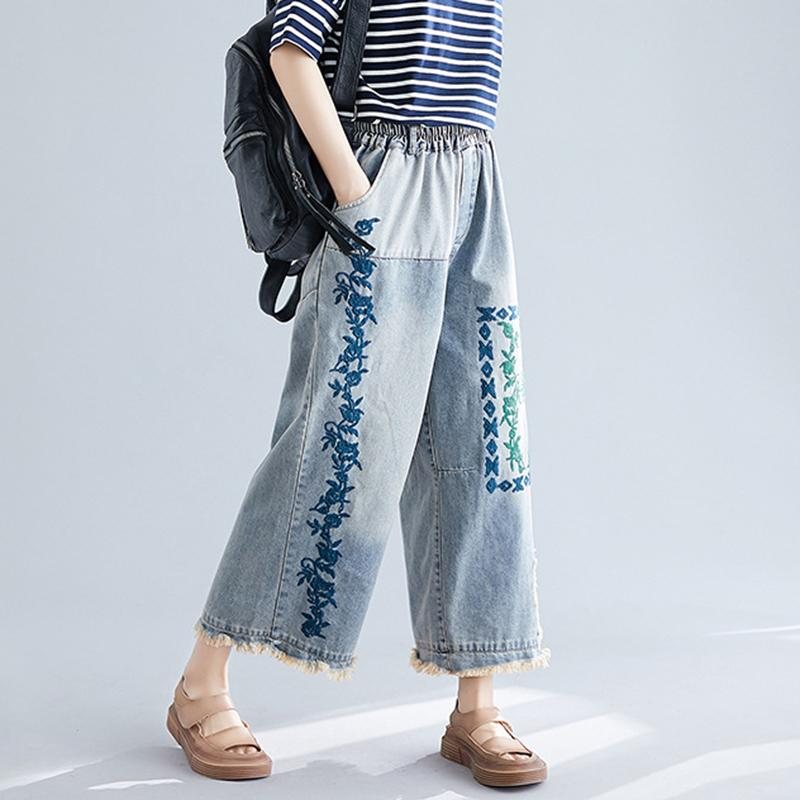 Brodert Retro Denim Bukser Med Vidde Ben