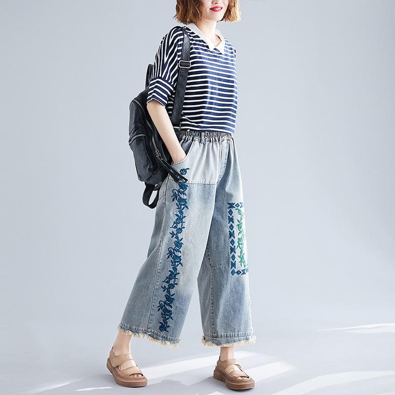Brodert Retro Denim Bukser Med Vidde Ben