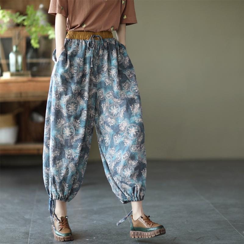 Dame Retro Floral Tynn Bomull Lin Casual Bukser