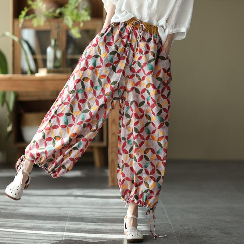 Dame Retro Floral Tynn Bomull Lin Casual Bukser
