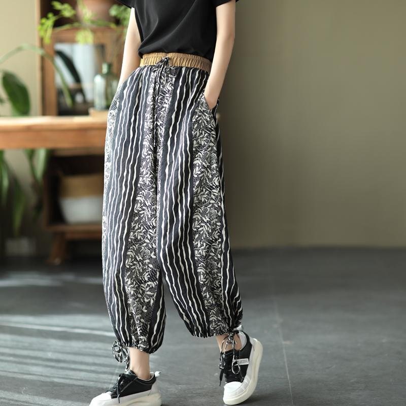 Dame Retro Floral Tynn Bomull Lin Casual Bukser