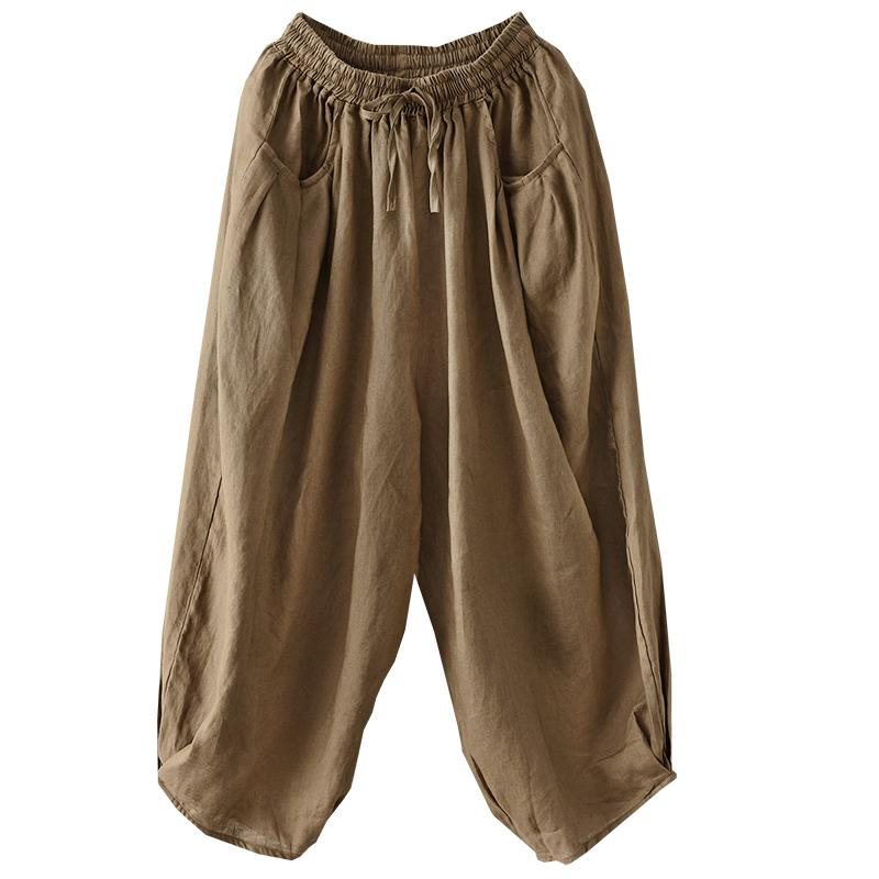 Dame Retro Lin Elastisk Midje Løse Bukser