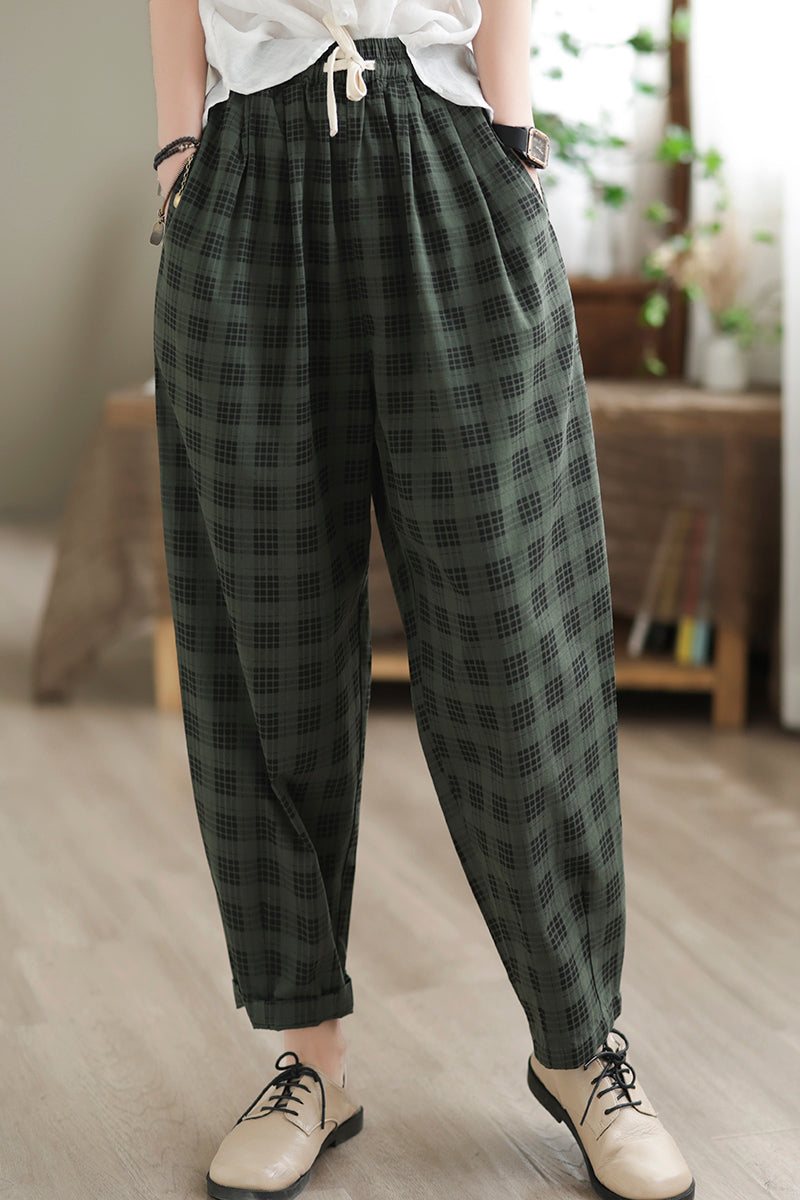 Dame Sommer Retro Rutet Bomull Harem Bukser