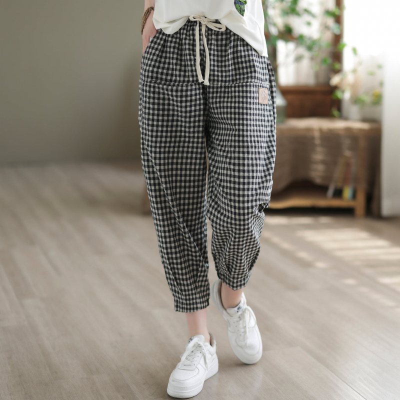 Dame Sommer Vintage Rutet Bomull Harem Bukser