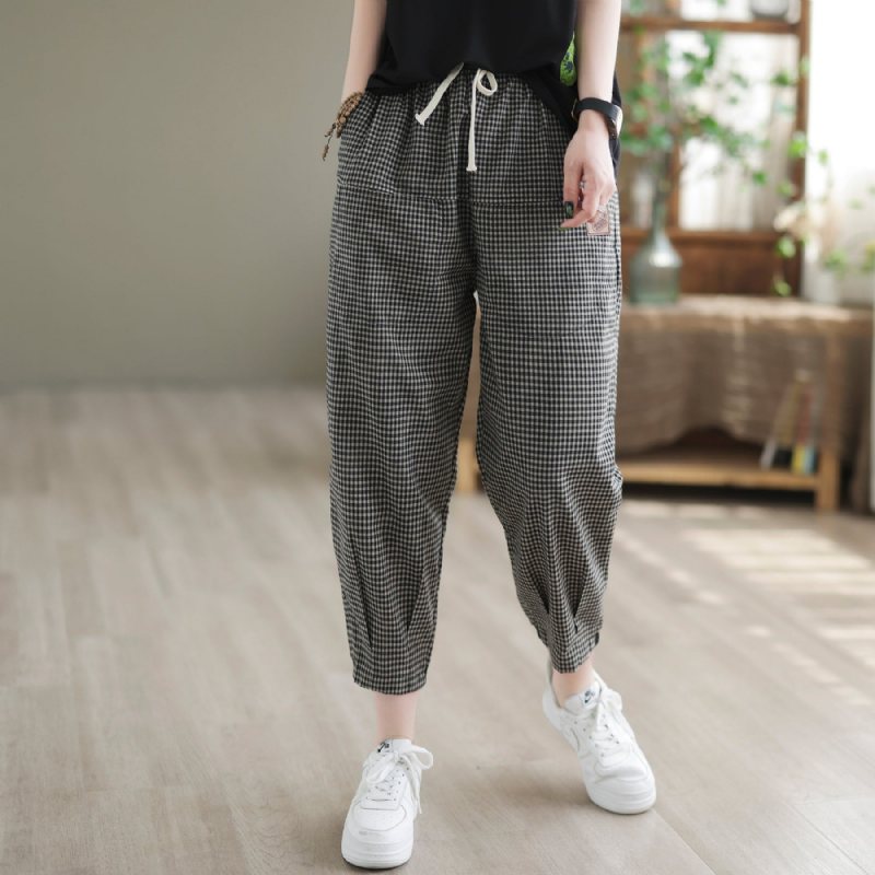 Dame Sommer Vintage Rutet Bomull Harem Bukser