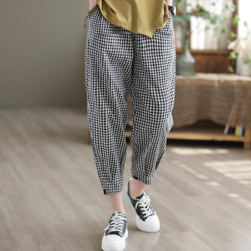 Dame Sommer Vintage Rutet Bomull Harem Bukser