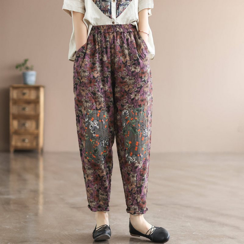 Dame Vår Retro Løs Linen Floral Harem Bukser