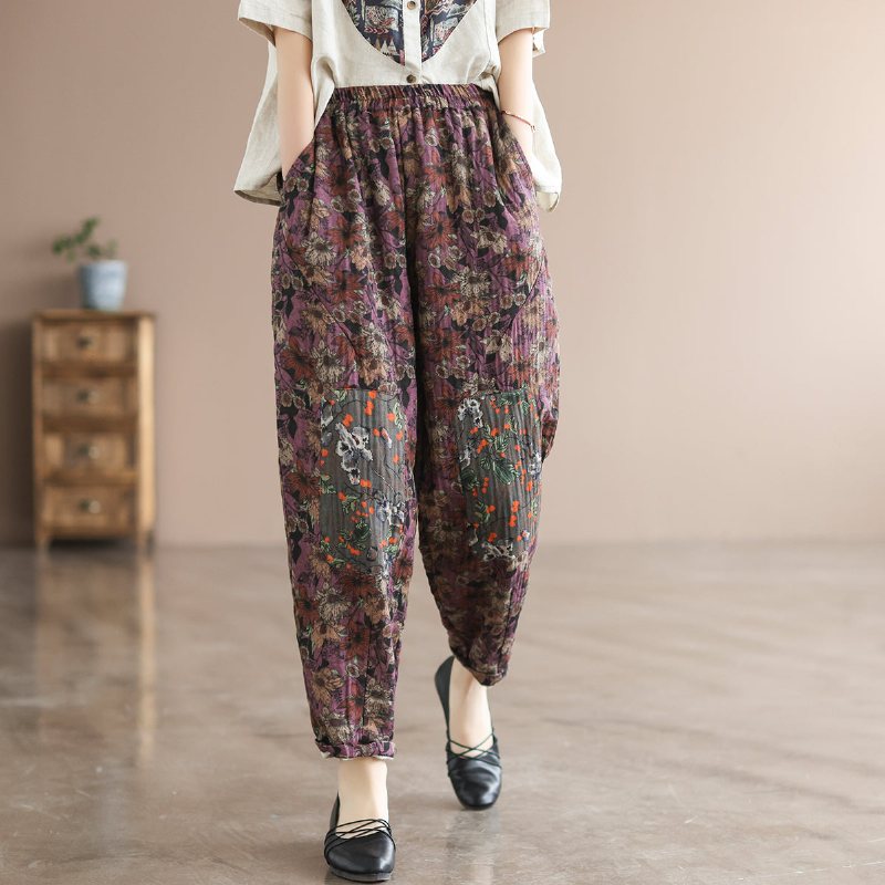 Dame Vår Retro Løs Linen Floral Harem Bukser