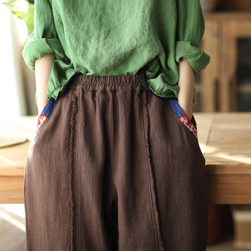 Dame Vår Retro Patchwork Lin Casual Bukser