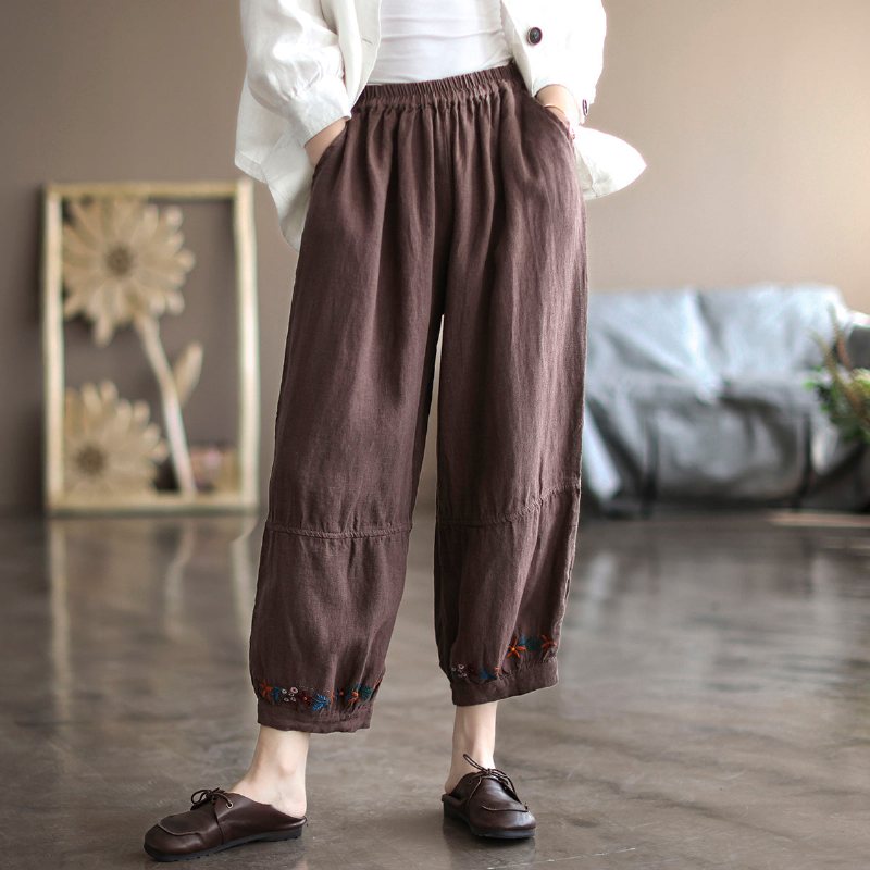 Dele Litterær Retro 100 Rent Lin Ni Poeng Fritidsbukser Dame Vårløse Og Tynne Broderte Bloomers