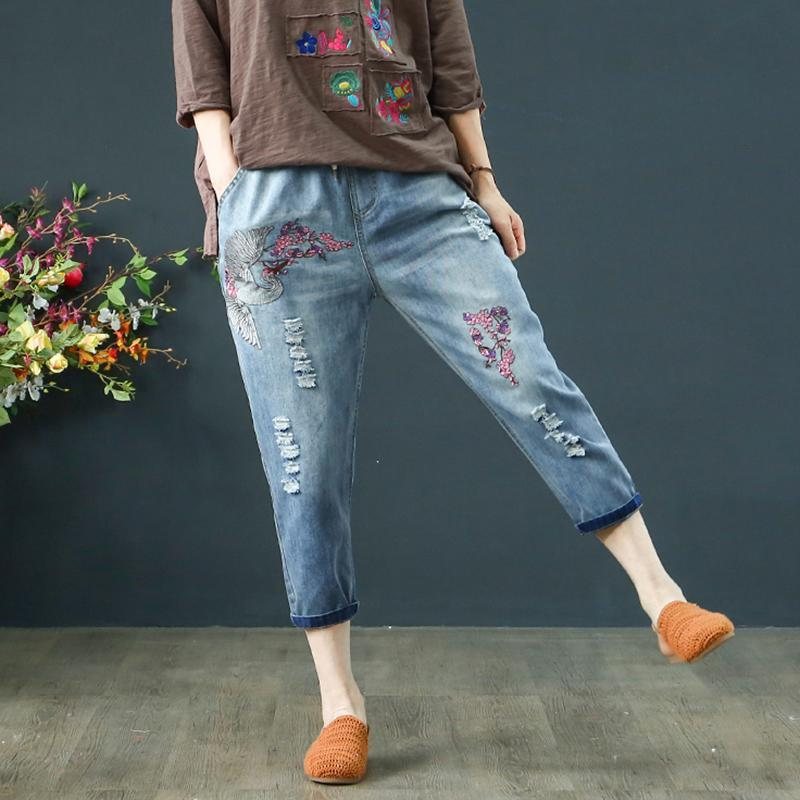 Floral Brodery Distressed Elastisk Midjebukser