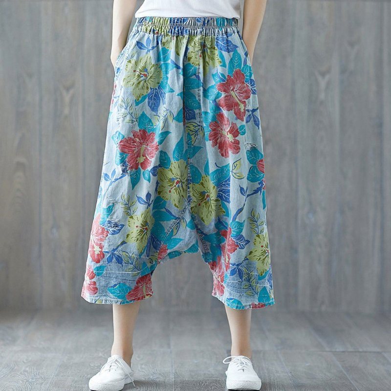Floral Snøring Casual Drop Skritt Løs Ripped Bukser