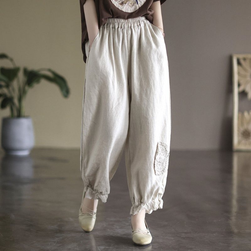 Kvinner Vintage Lin Blonder Pactchwork Casual Bukser