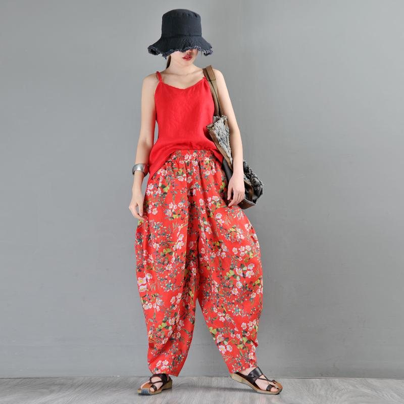Løs Ramie Printed Floral Harem Bukser Rød