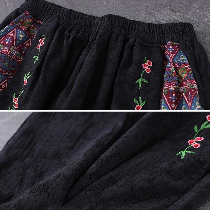 Retro Bomull Lin Blomsterbroderi Løse Harempants