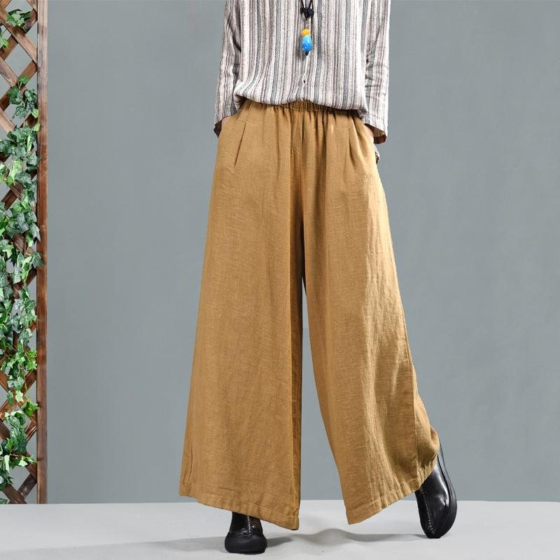 Retro Bomull Lin Dame Casual Wide Leg Bukser