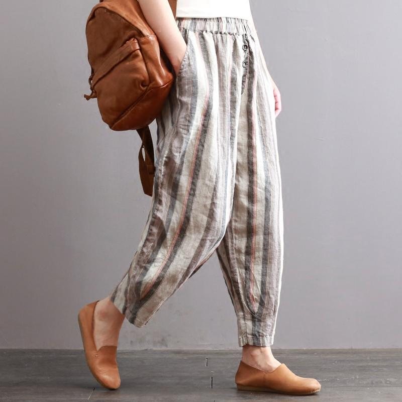 Retro Bomull Lin Løse Striper Casual Bukser