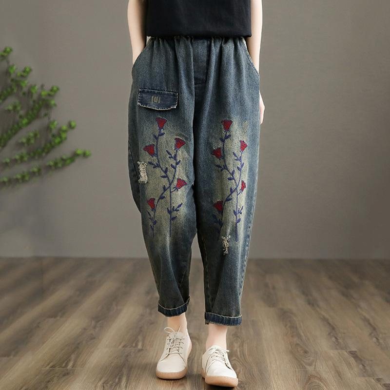 Retro Broderi Denim Straight Bukser