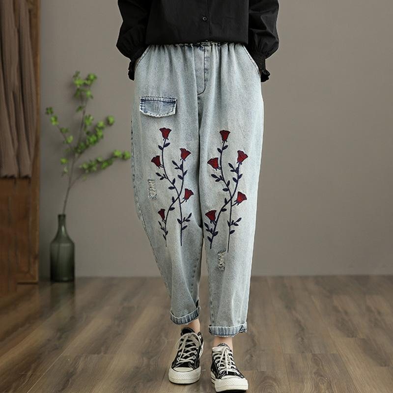 Retro Broderi Denim Straight Bukser