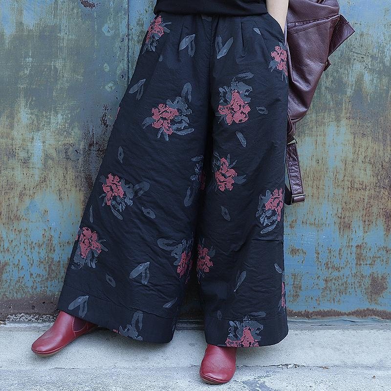 Retro Print Wide Leg Bukser Bomulls Tykke Vinterbukser