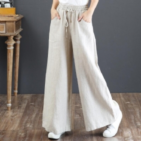 Rich Linen Casual Løs Elastisk Snøring Bukser Med Brede Ben