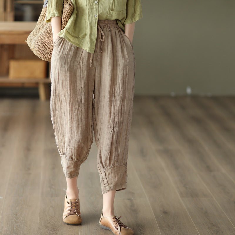 Sommer Retro Bomull Lin Casual Plicated Harem Bukser